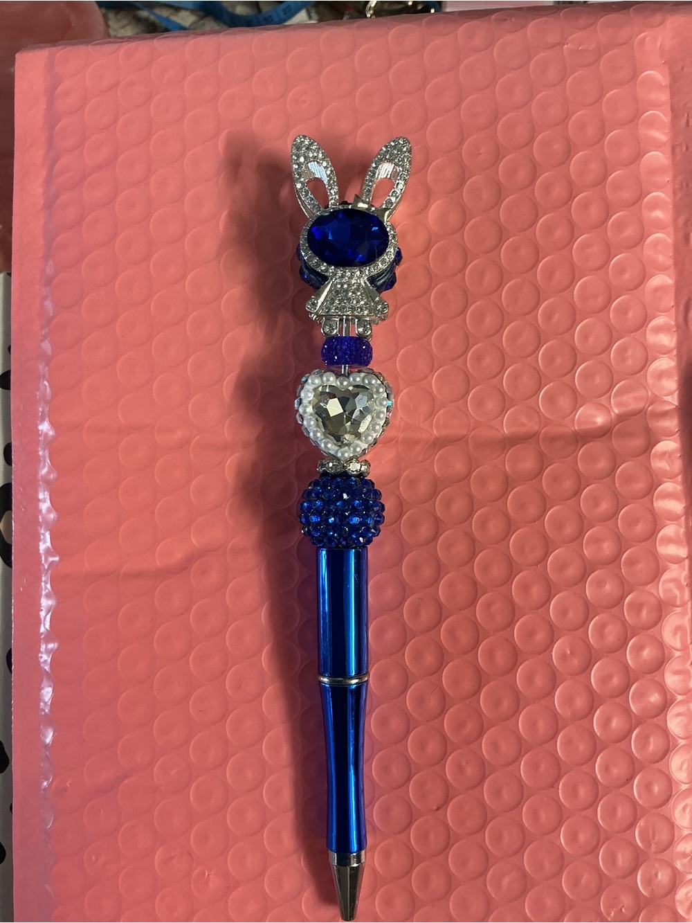 Blue Jeweled Bunny Heart Ballpoint Pen